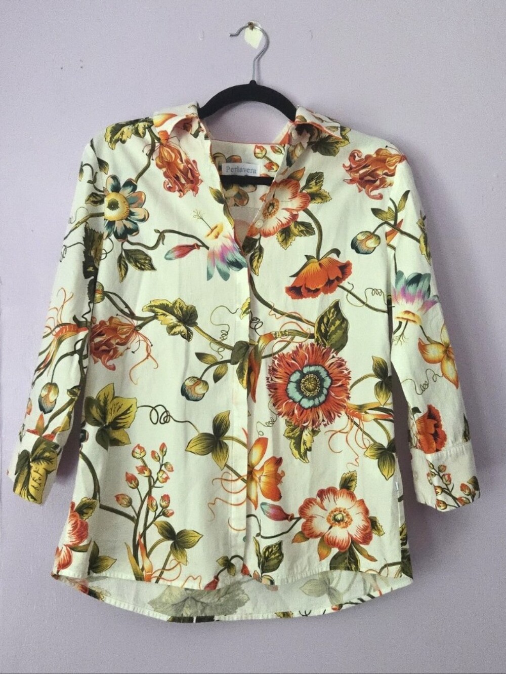 Perhavera MED Floral Button-Down Shirt in Cream with Orange & Green